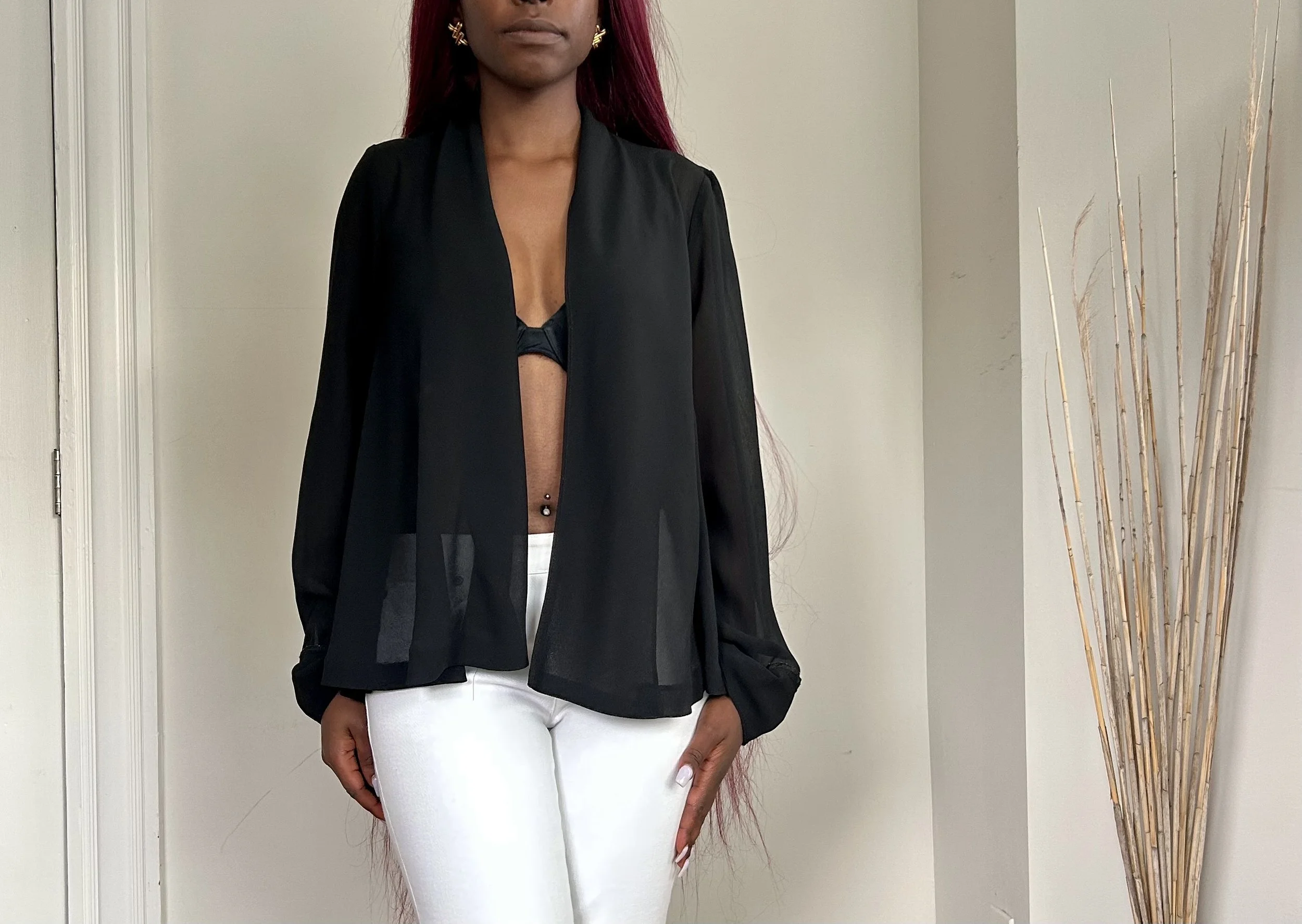 Black Sheer Draped Open Blazer