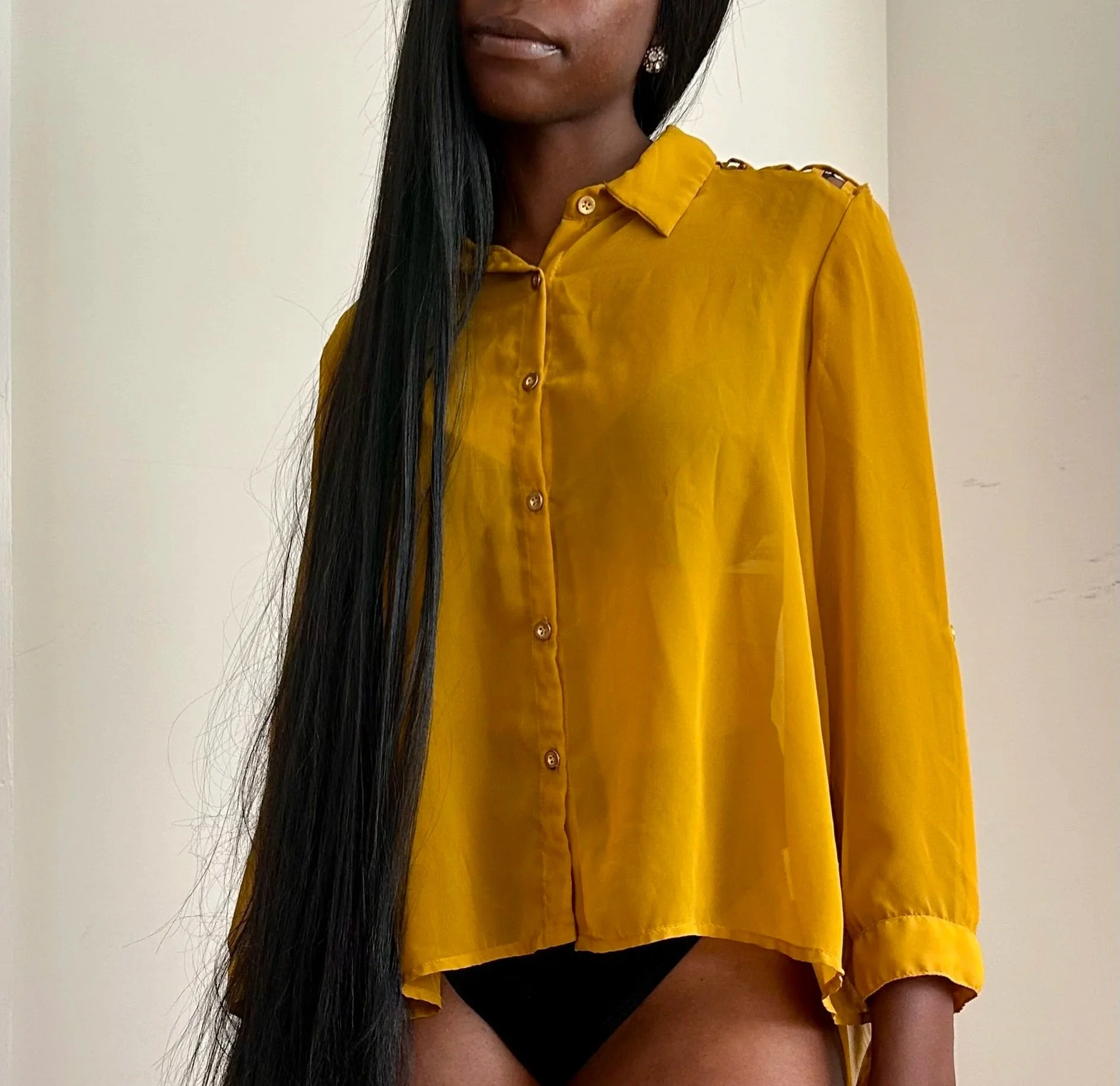 Yellow Sheer Lattice-Back Button Blouse