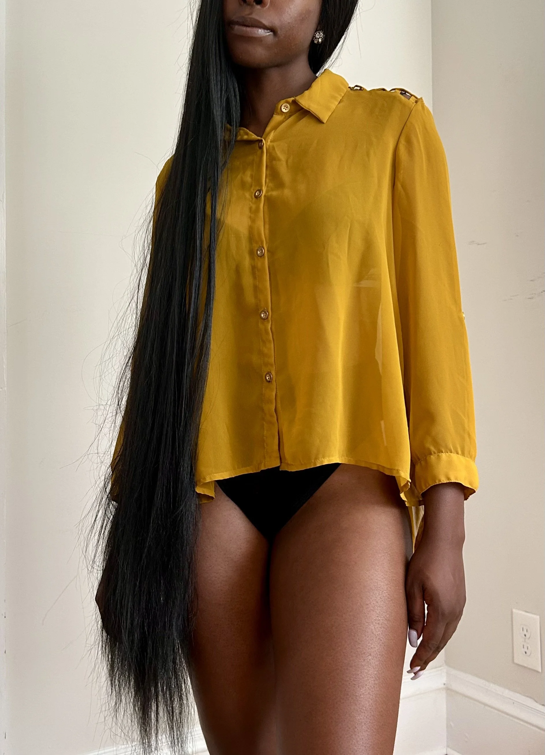 Yellow Sheer Lattice-Back Button Blouse