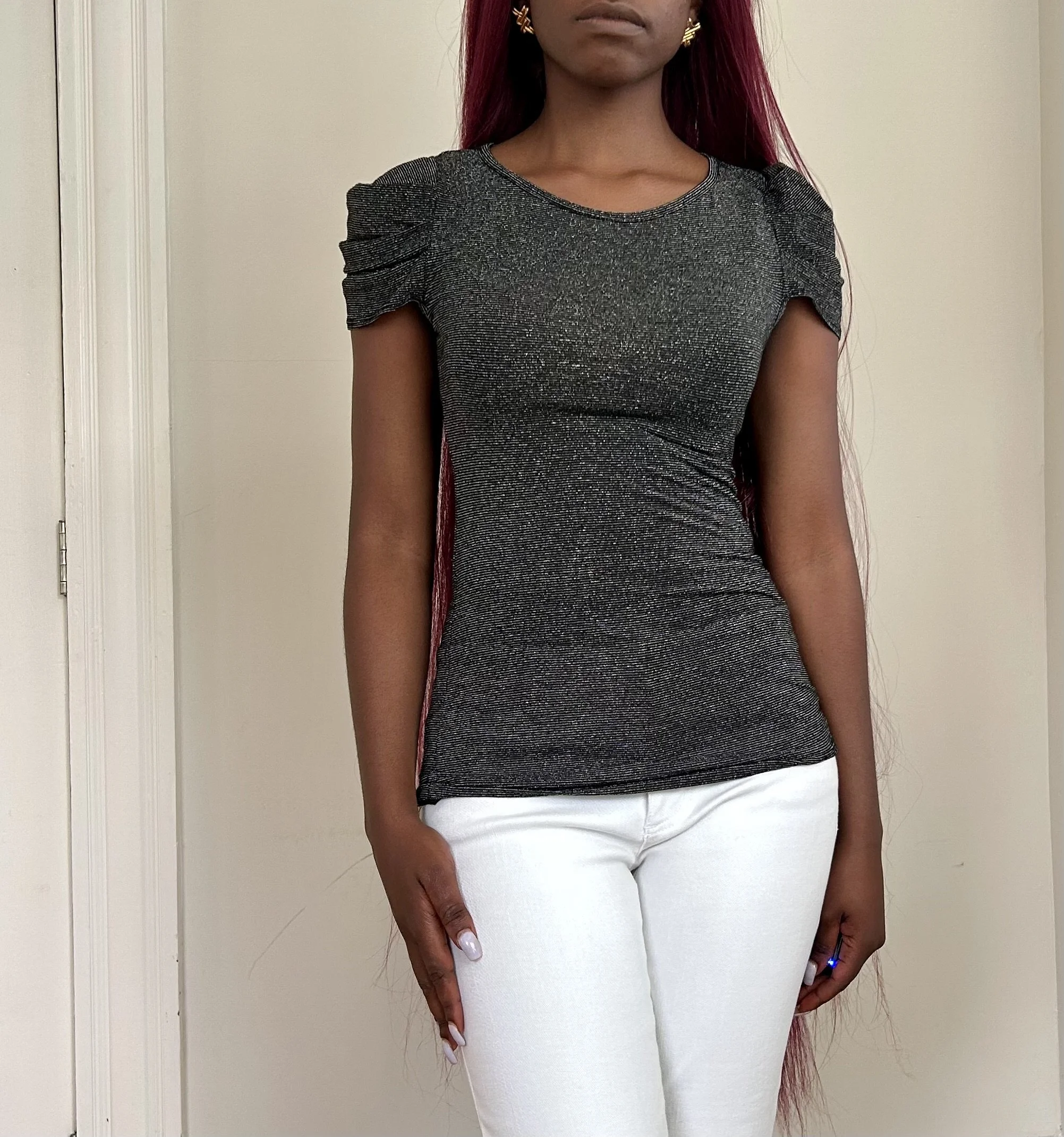 Grey Shimmer Pleated-Shoulder Top