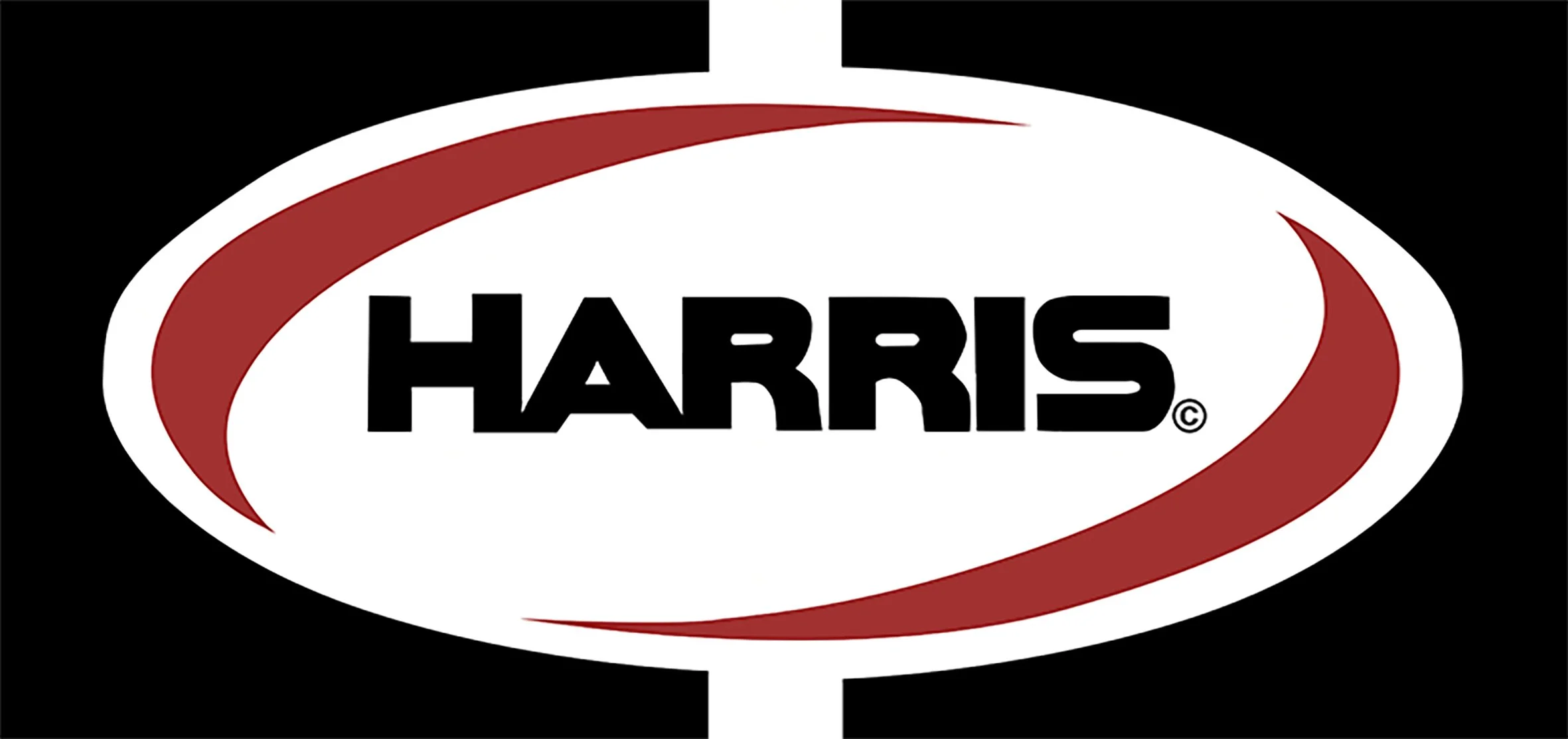 Logo featuring the word "HARRIS" in bold black letters, within a white oval and surrounded by a red curved shape on a black background.