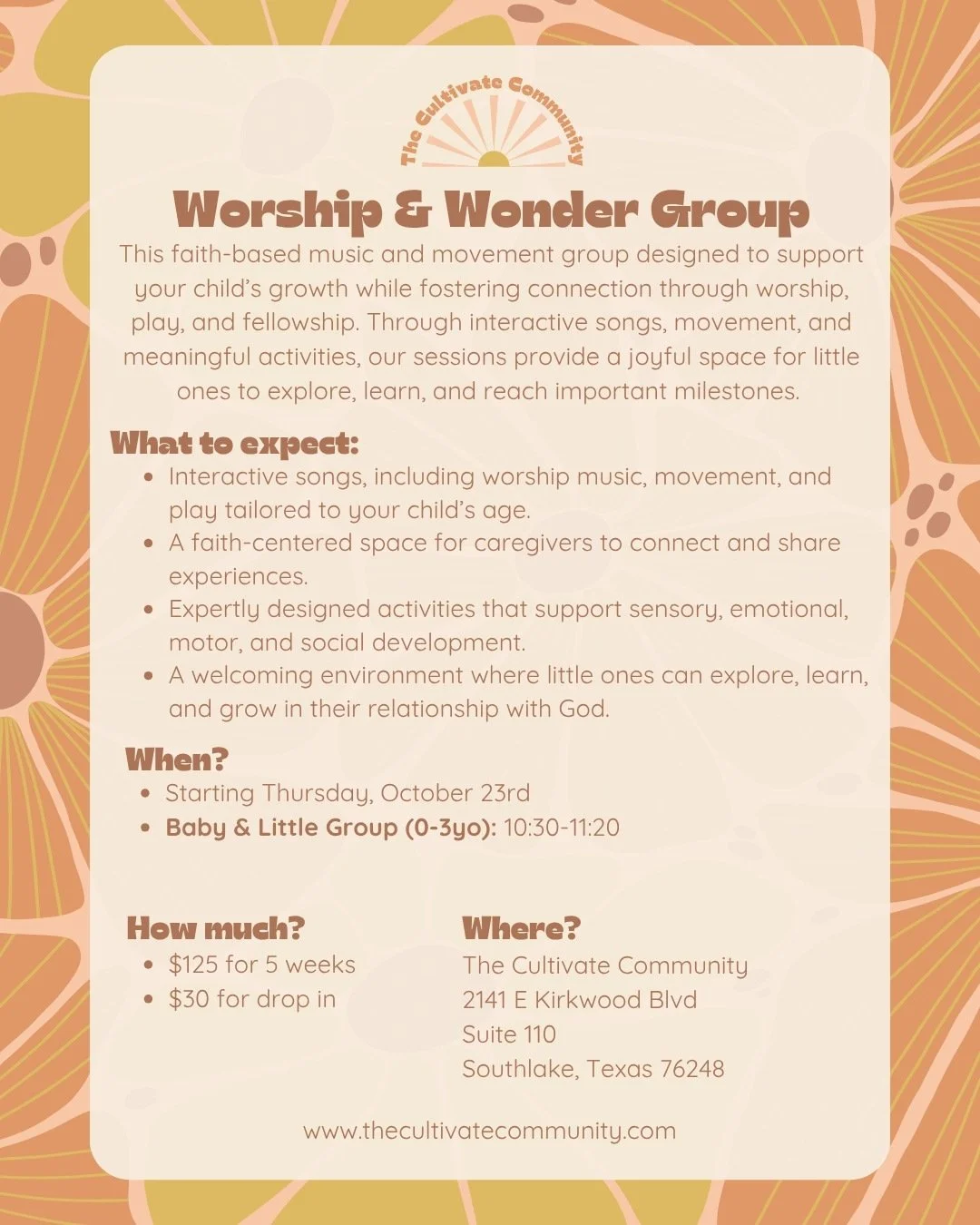 Worship &amp; Wonder is back!
A joyful, faith-centered group for babies and toddlers (ages 0&ndash;3) to explore, sing, and grow in God&rsquo;s love, alongside their caregivers.
Join us Thursday mornings for connection, worship, and play.

🗓 Starts 