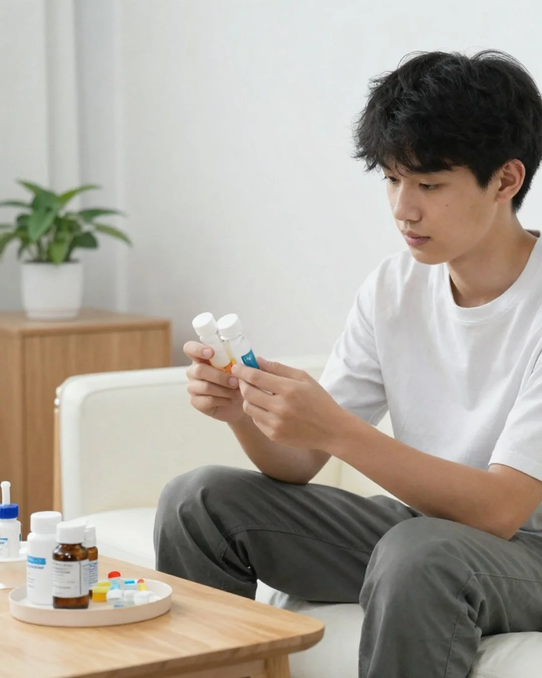 A young man sitting on a white couch holding and learning about different medication bottles in a well-lit room with a small wooden side table and a potted plant in the background.