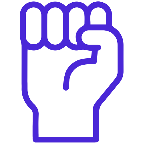 A purple outline of a clenched fist with the thumb wrapped around the fingers on a black background.
