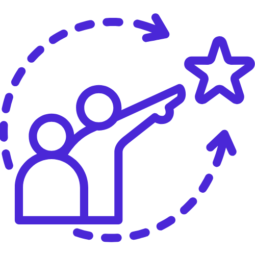 Outline icon of two people, one pointing towards a star with a dotted circle around them, representing achievement or recognition.