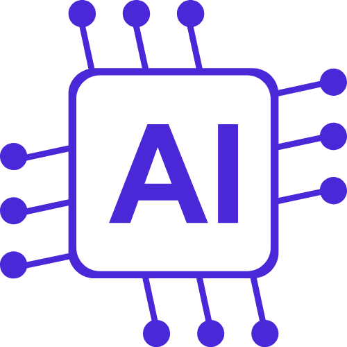 Icon of a computer chip with the letters 'AI' in the center, representing artificial intelligence.