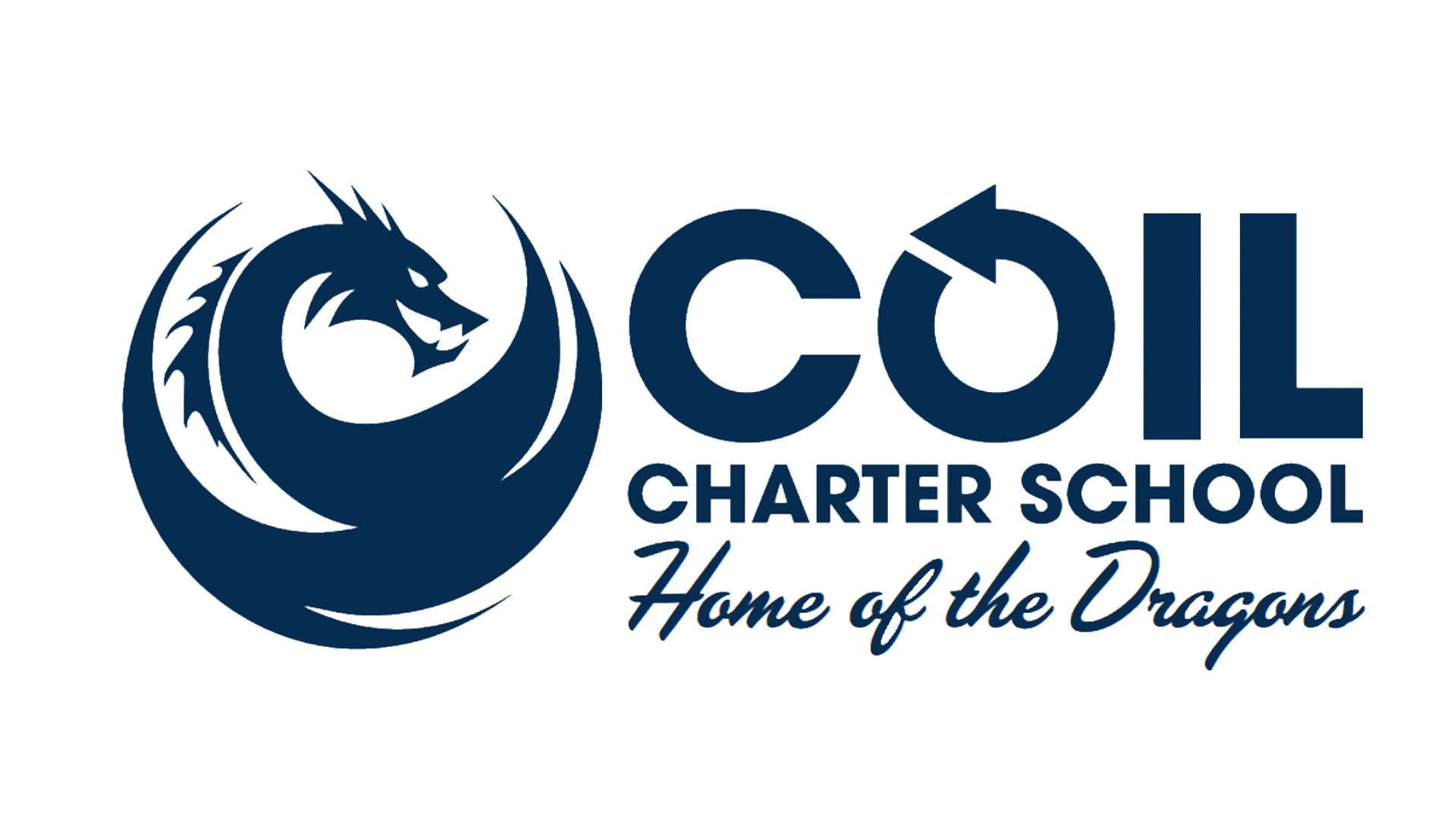 Logo for COIL Charter School featuring a stylized dragon's head in a circular design, with the text "COIL" and "Charter School" and a tagline "Home of the Dragons" in cursive.