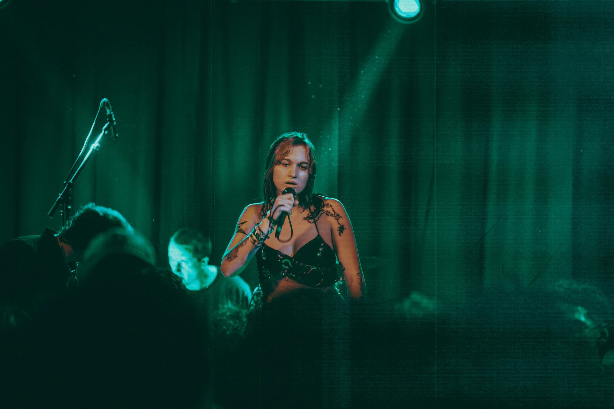 A female singer with red hair and tattoos, wearing a black outfit, performs on stage with a microphone, illuminated by green stage lighting. Audience members are visible in the foreground.