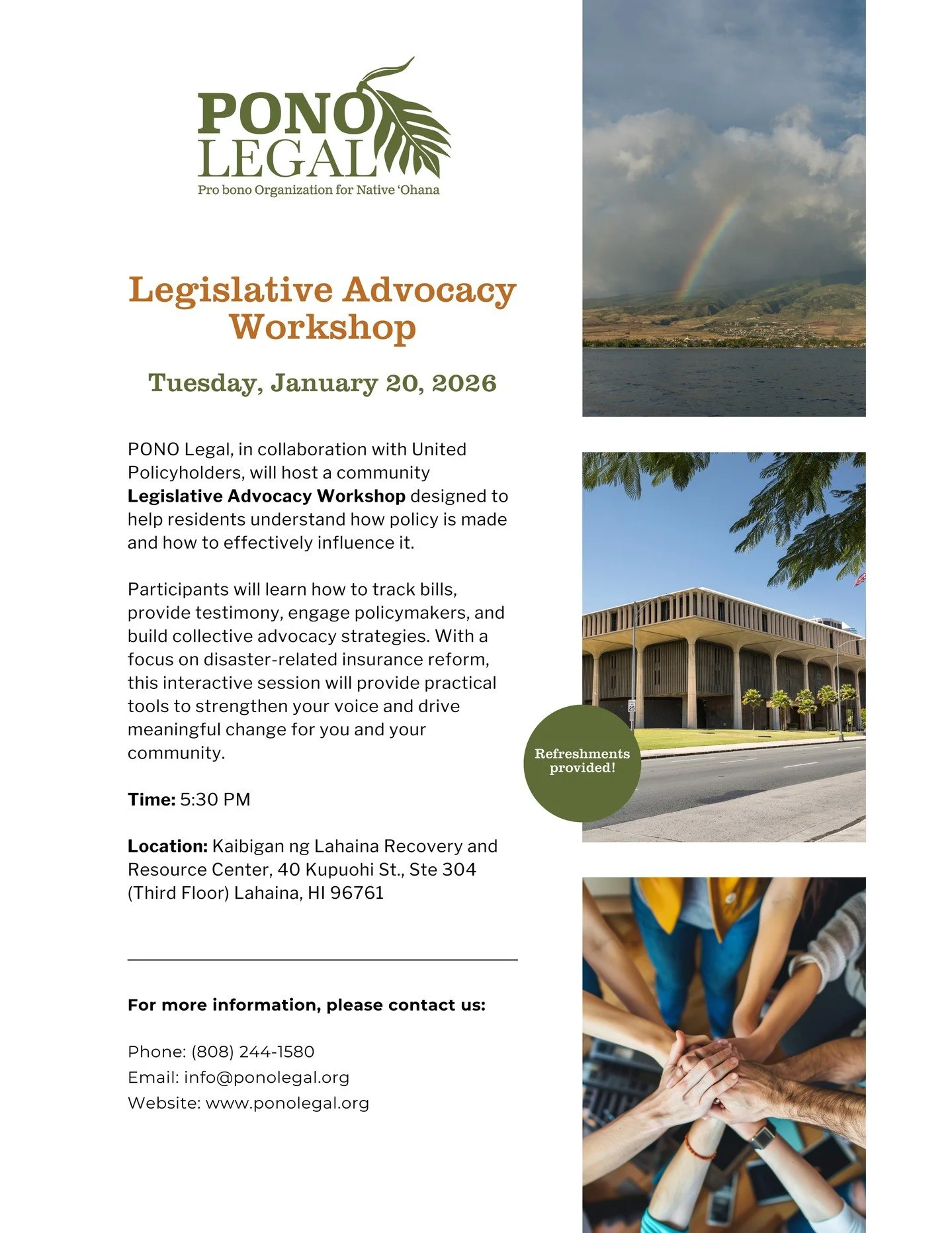 E hui pū kākou! Join us next week for our Legislative Advocacy workshops to prepare you for the upcoming 2026 legislative session! 🏛️✍️ Learn the tools to testify, track bills, and influence decisions that affect our Maui community. 🗣️📣🤝🏝️