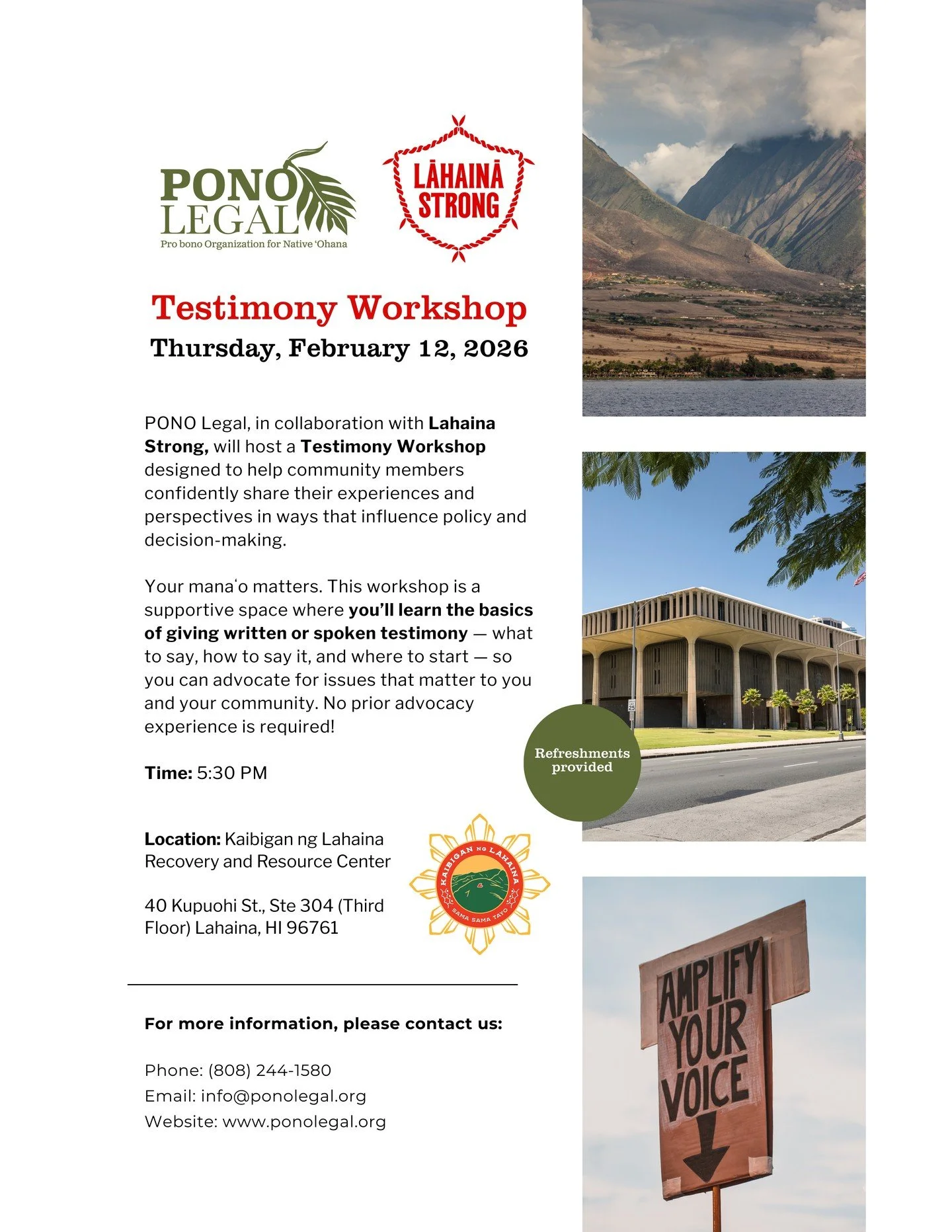 Eō Maui Komohana! The 2026 legislative session is in full swing, and it&rsquo;s critical that your voices are part of the process 🫵 

Join our Testimony Workshop to learn how to turn your lived experiences into powerful testimony that decision-maker