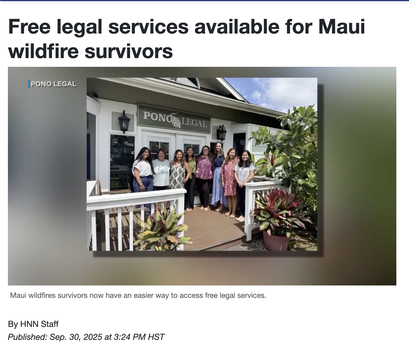 PONO Legal spotlighted in Hawaii News article, “Free legal services available for Maui wildfire survivors”