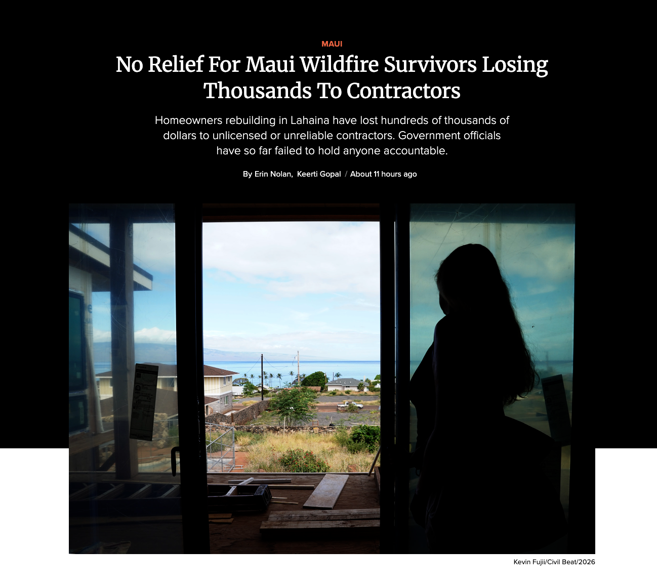 PONO Legal featured in Civil Beat article, “No Relief For Maui Wildfire Survivors Losing Thousands To Contractors”