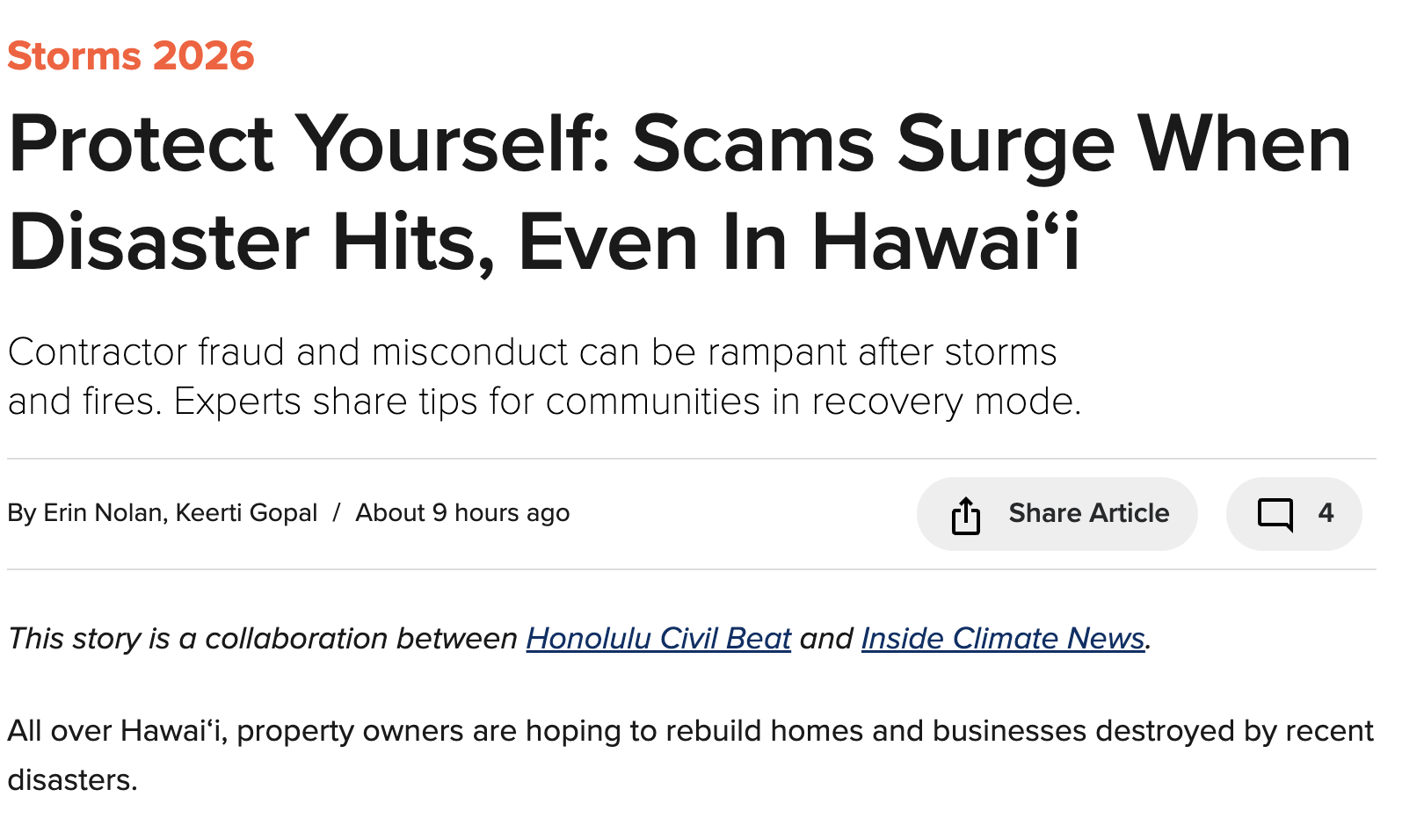 PONO Legal quoted in Civil Beat article, “Protect Yourself: Scams Surge When Disaster Hits, Even In Hawaiʻi”
