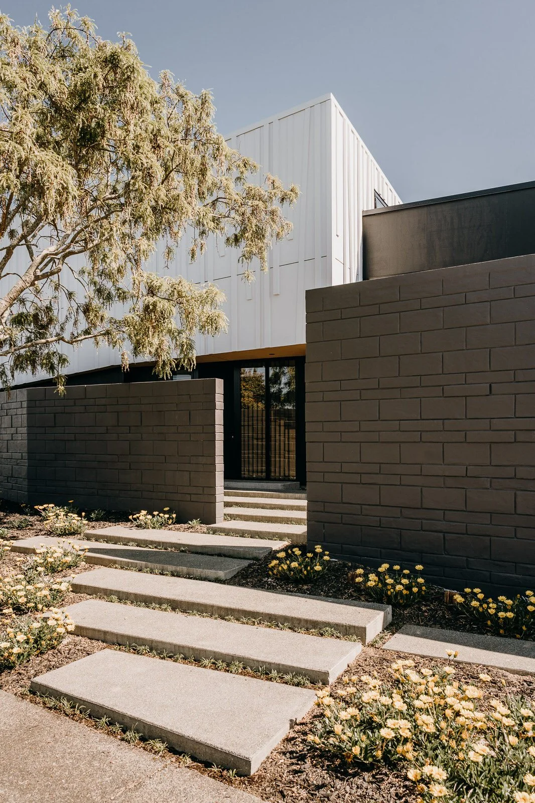 Modern architectural entrance with concrete steps, dark brick walls, white upper facade, and surrounding greenery with yellow flowers.