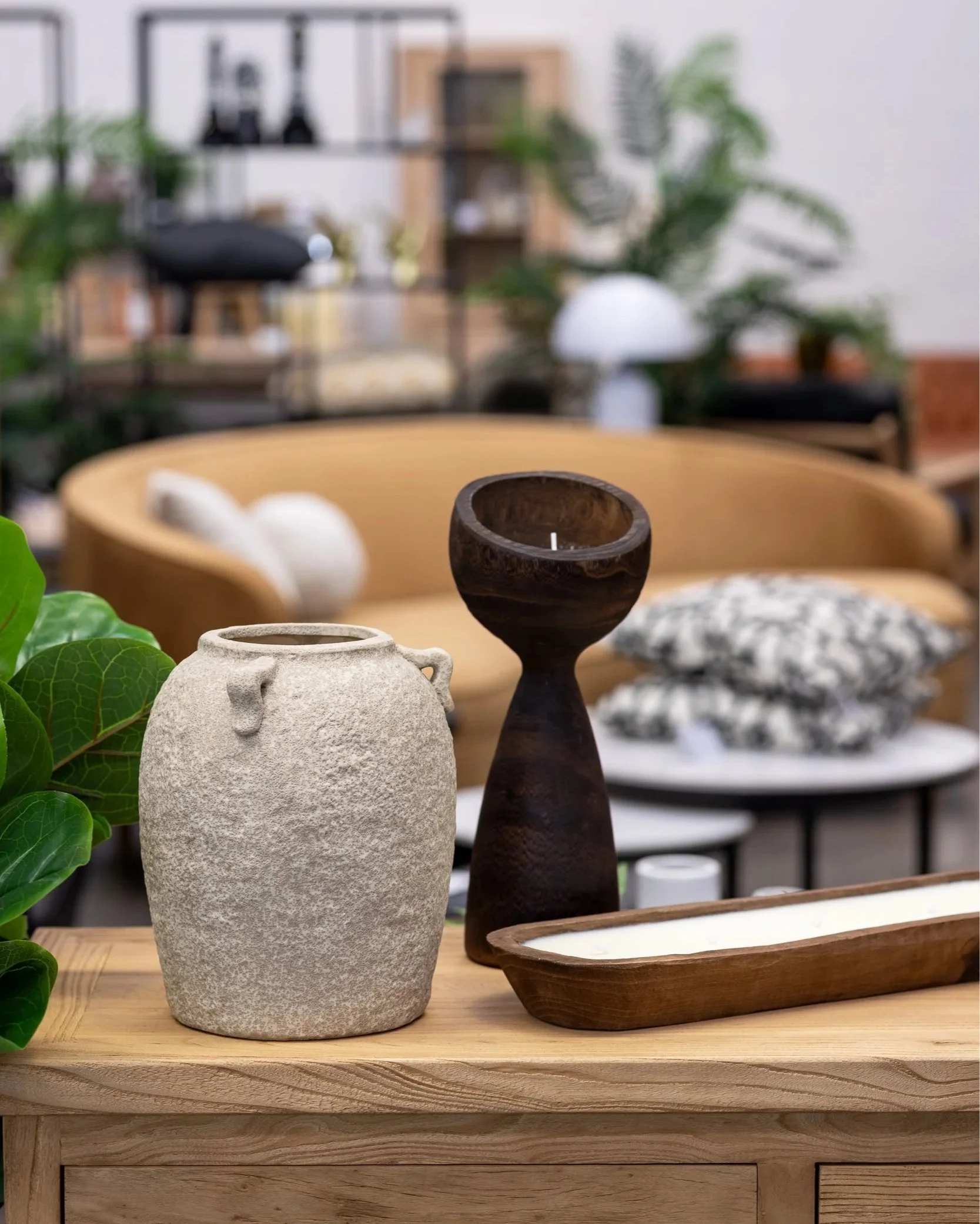 Showroom ornaments on a wooden table