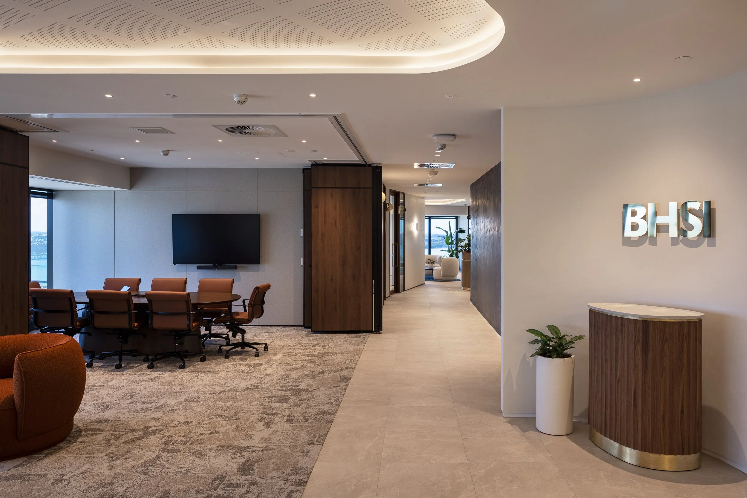Workplace fit-out entrance with warm tones