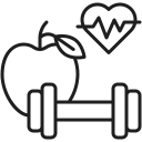 Outline of a healthy apple, a heart with a pulse line, and a dumbbell, representing health, fitness, and wellness.
