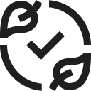 Clock with a circular arrow and checkmark, surrounded by leaf icons, symbolizing eco-friendly time management or sustainability.