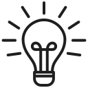 A simple line drawing of a lightbulb with rays emanating from it, representing ideas or innovation.