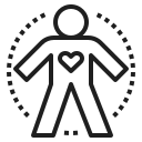 Line drawing of a person with an anatomical heart inside the chest area