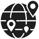 Outline of a globe with location pins and a cat face in the center