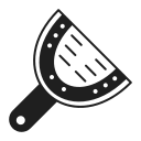 Silhouette of a pizza cutter with a circular blade and handle.