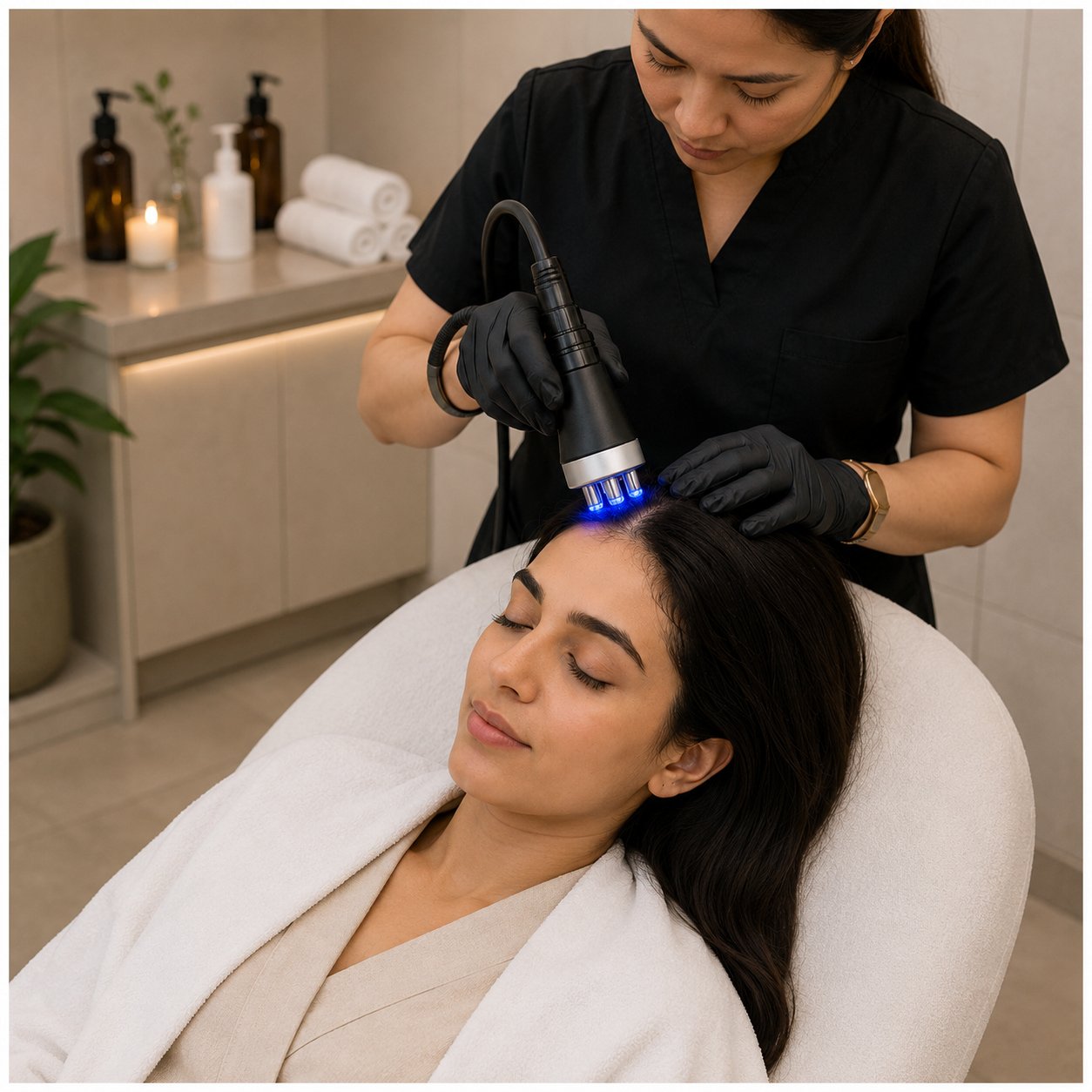 A woman receiving a facial treatment with a handheld device in a spa or clinic setting.