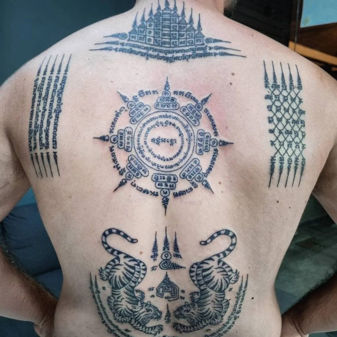 A full back bamboo tattoo of sak yants done in phuket