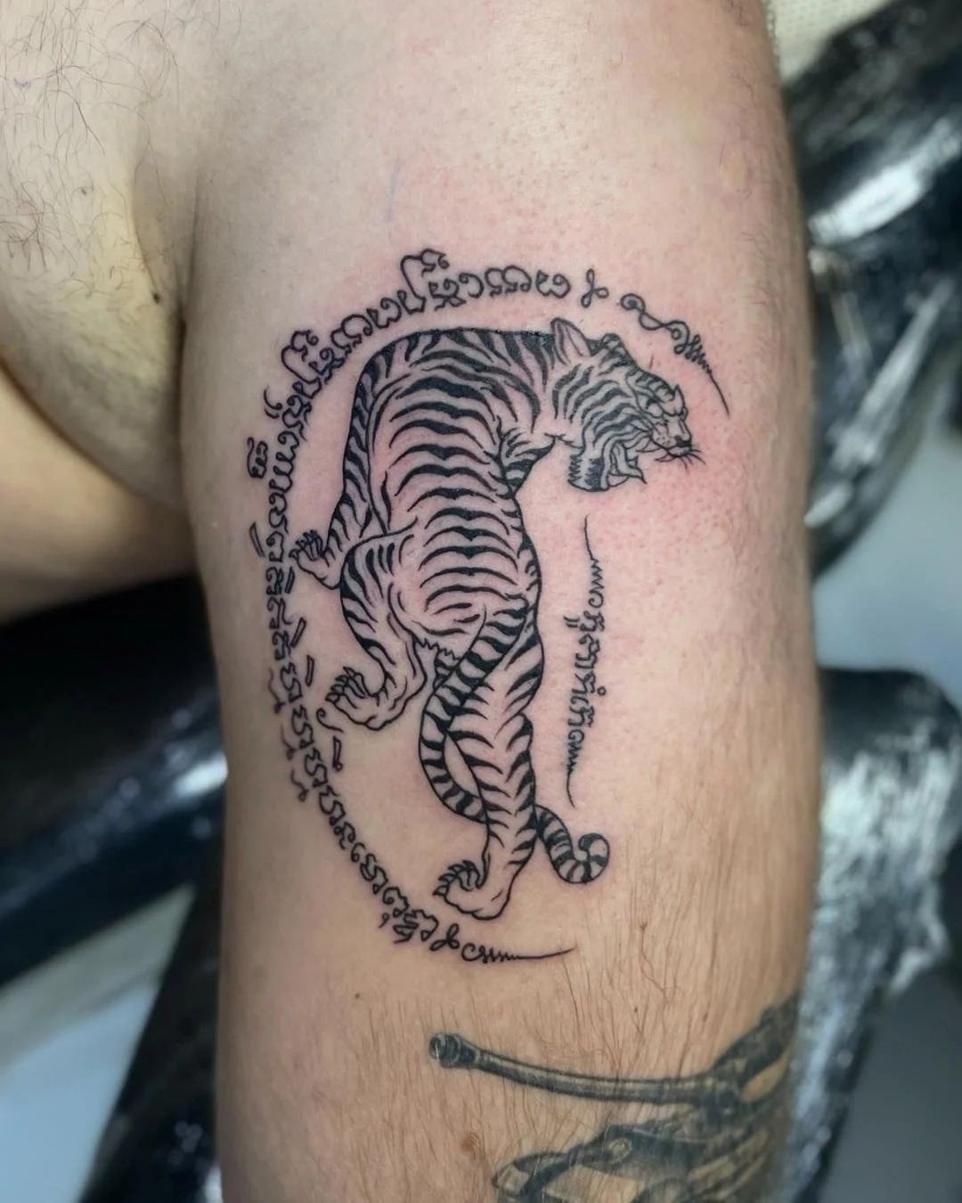 a mans arm with a tiger looking backwards sak yant tatto0