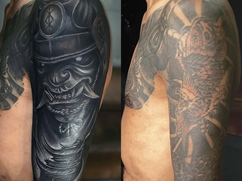 Detailed black and grey cover-up tattoo at Sak Yant Phuket Studio