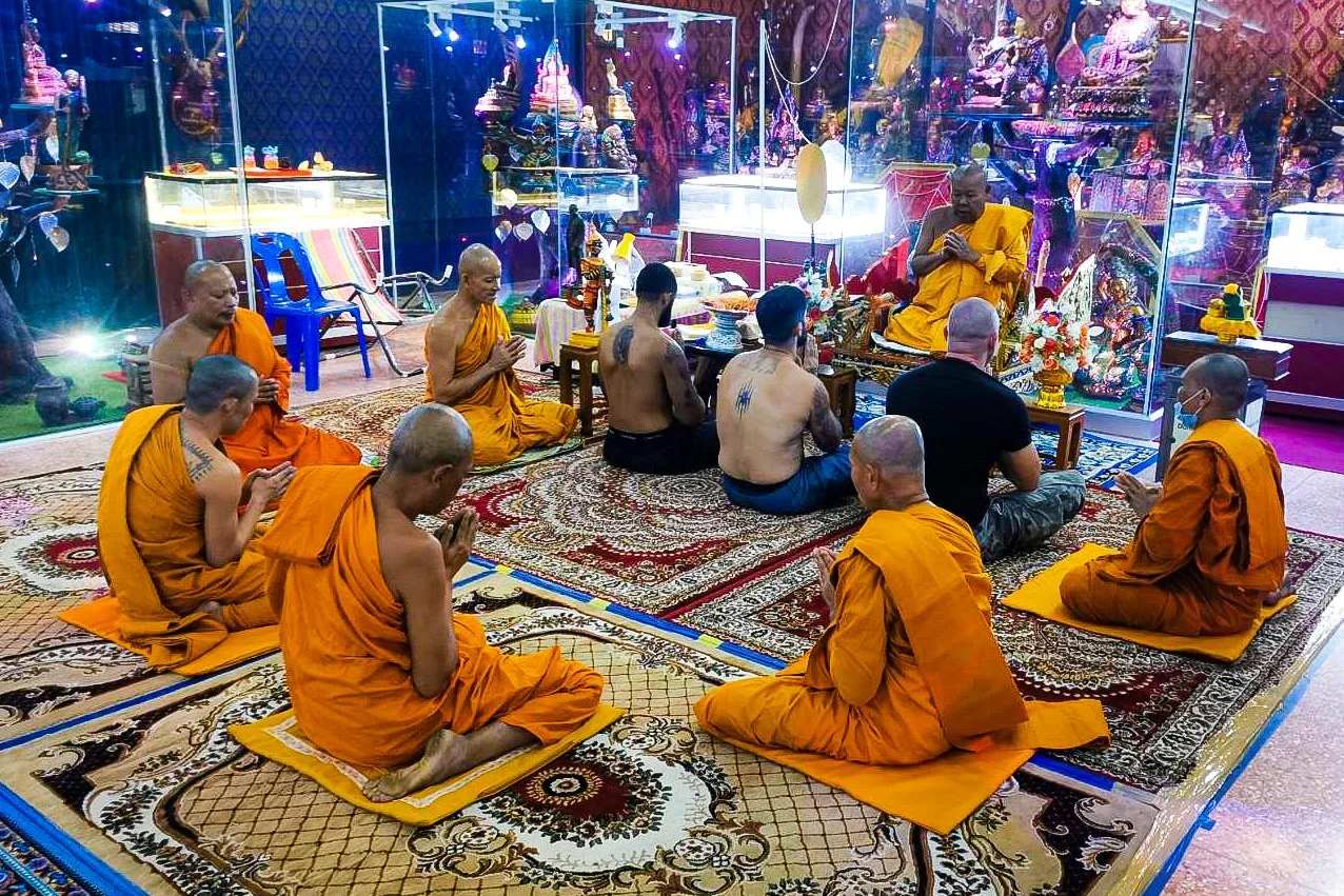 Group blessing at Wat Khao Rang. Customers from Fighters Ink Rawai