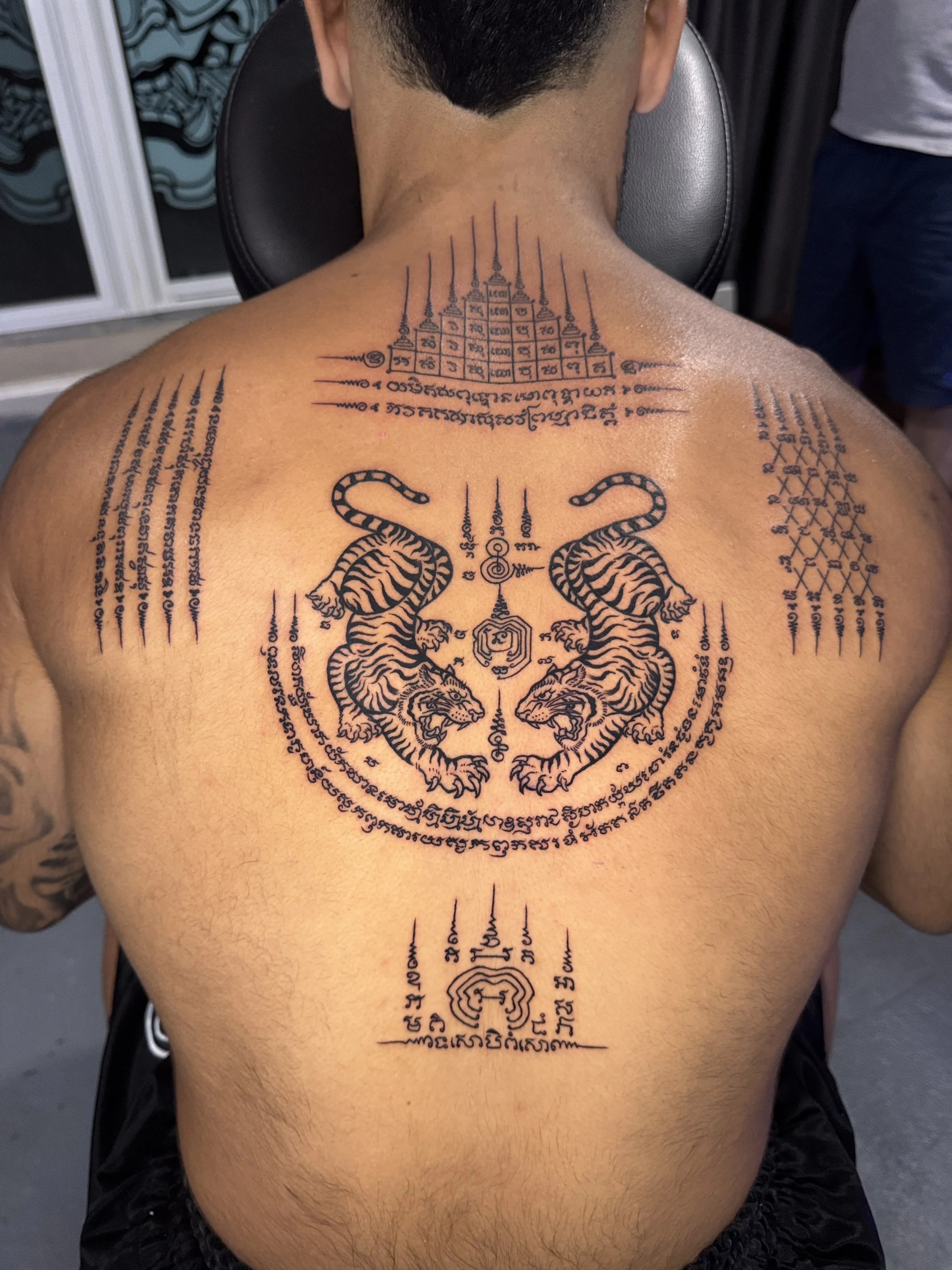 Traditonal Sak yant tattoo completed at fighters ink tattoo studio in Karon, phuket