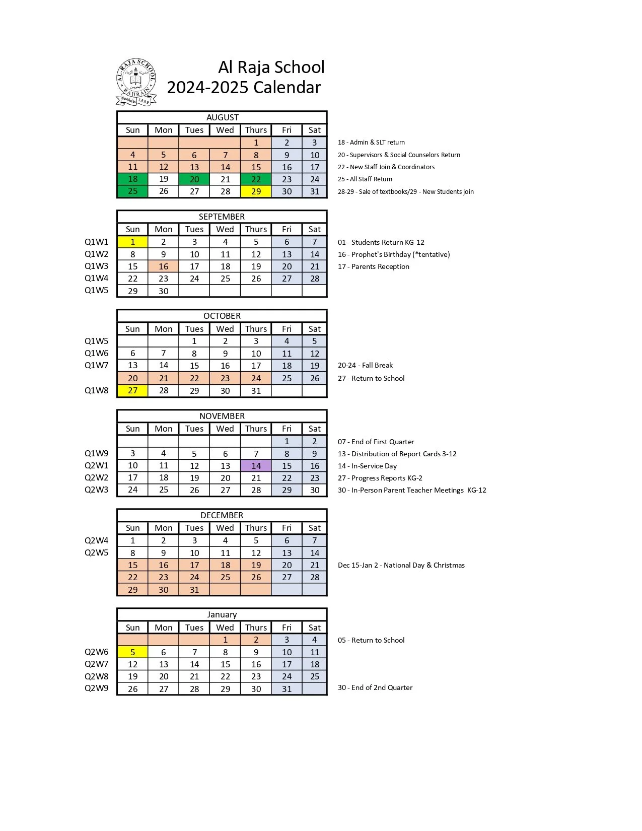 Calendar — AL RAJA SCHOOL BAHRAIN