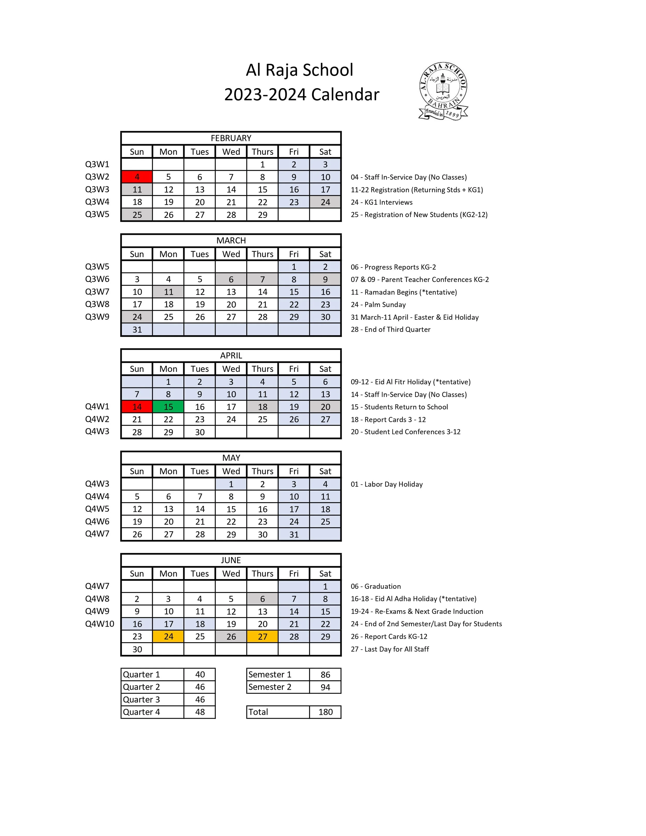 Calendar — AL RAJA SCHOOL BAHRAIN