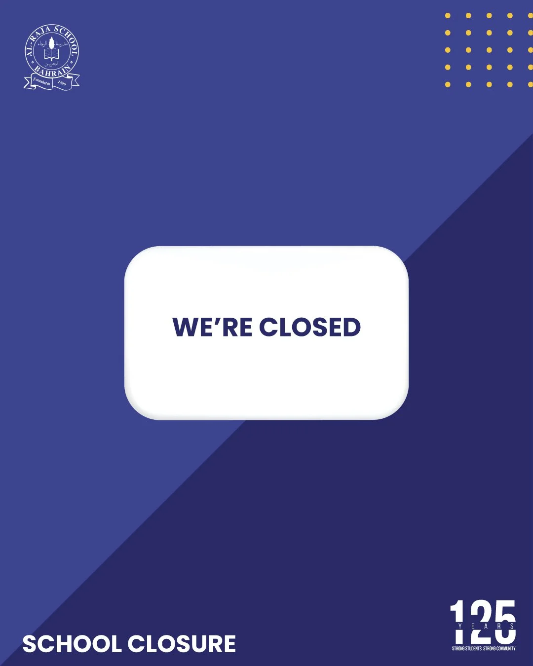 Dear Parents &amp; Guardians,
Kindly note that the school will be closed for the New Year holiday. We look forward to welcoming our students back on Sunday, January 4.

Wishing you a happy and joyful New Year! ✨🎉

 #125yearsofalraja #bahrain