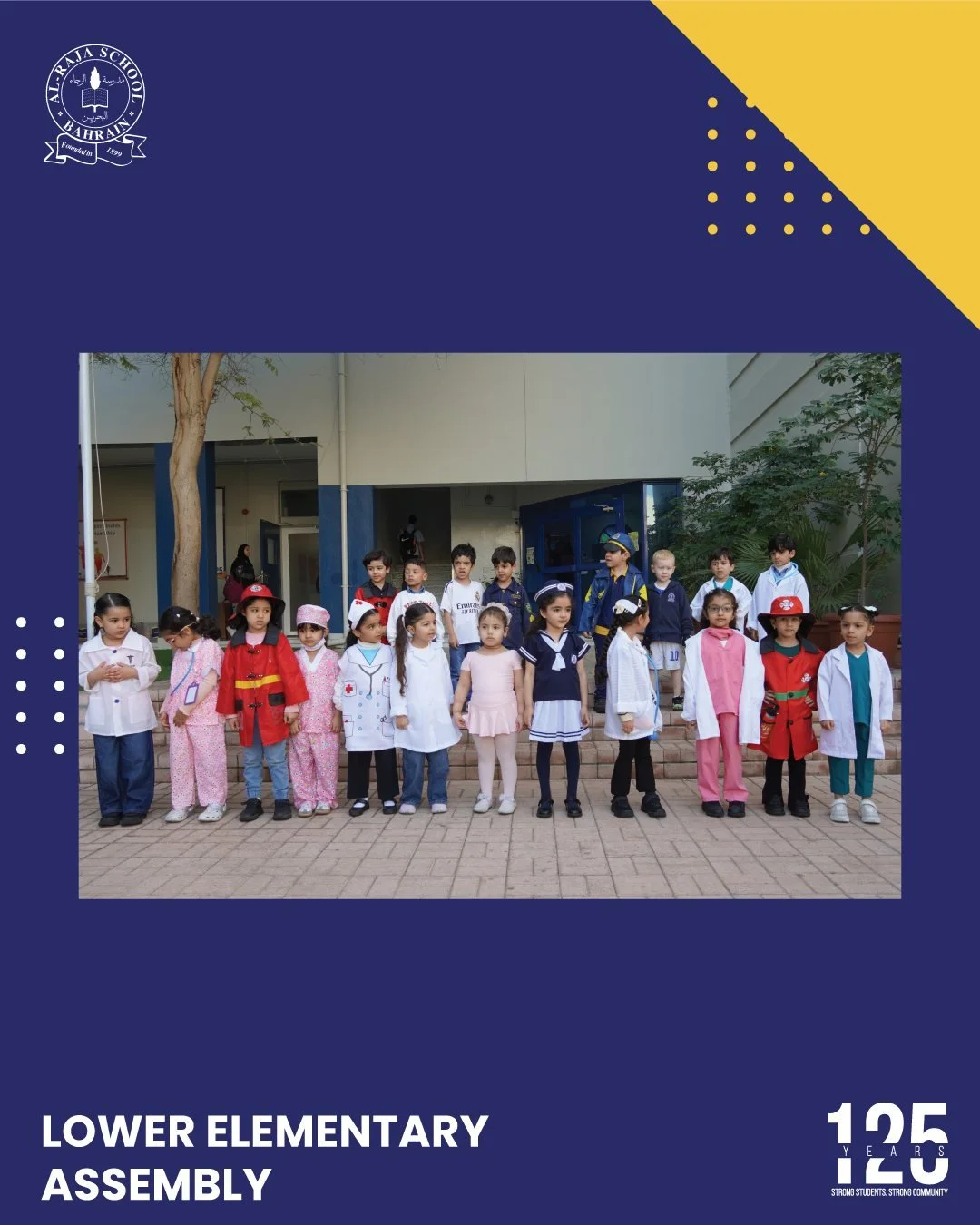 Last week's lower elementary assembly was proudly performed by KG1! 🌟 As part of their February unit and Career Week, they performed a cheerful song while showcasing different types of careers. 💼

 #125yearsofalraja #bahrain
