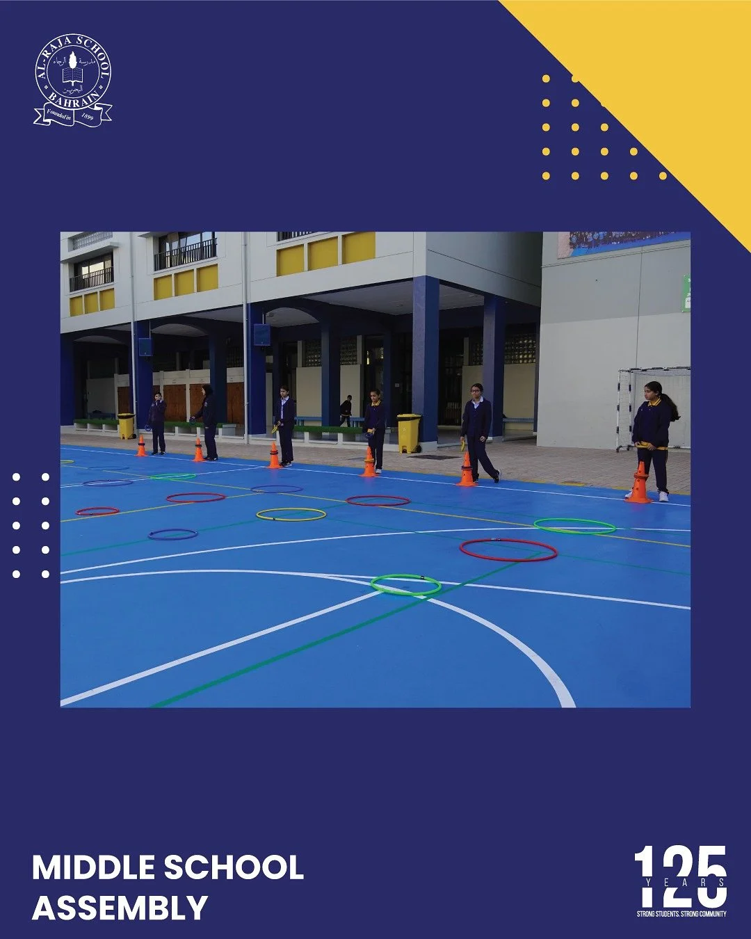 Today&rsquo;s Middle School assembly was organized by the PE Department, who planned a fun and simple activity for our students, tossing rings into the hula hoops 🎯👏 The activity encouraged focus and coordination.

#125yearsofalraja #bahrain