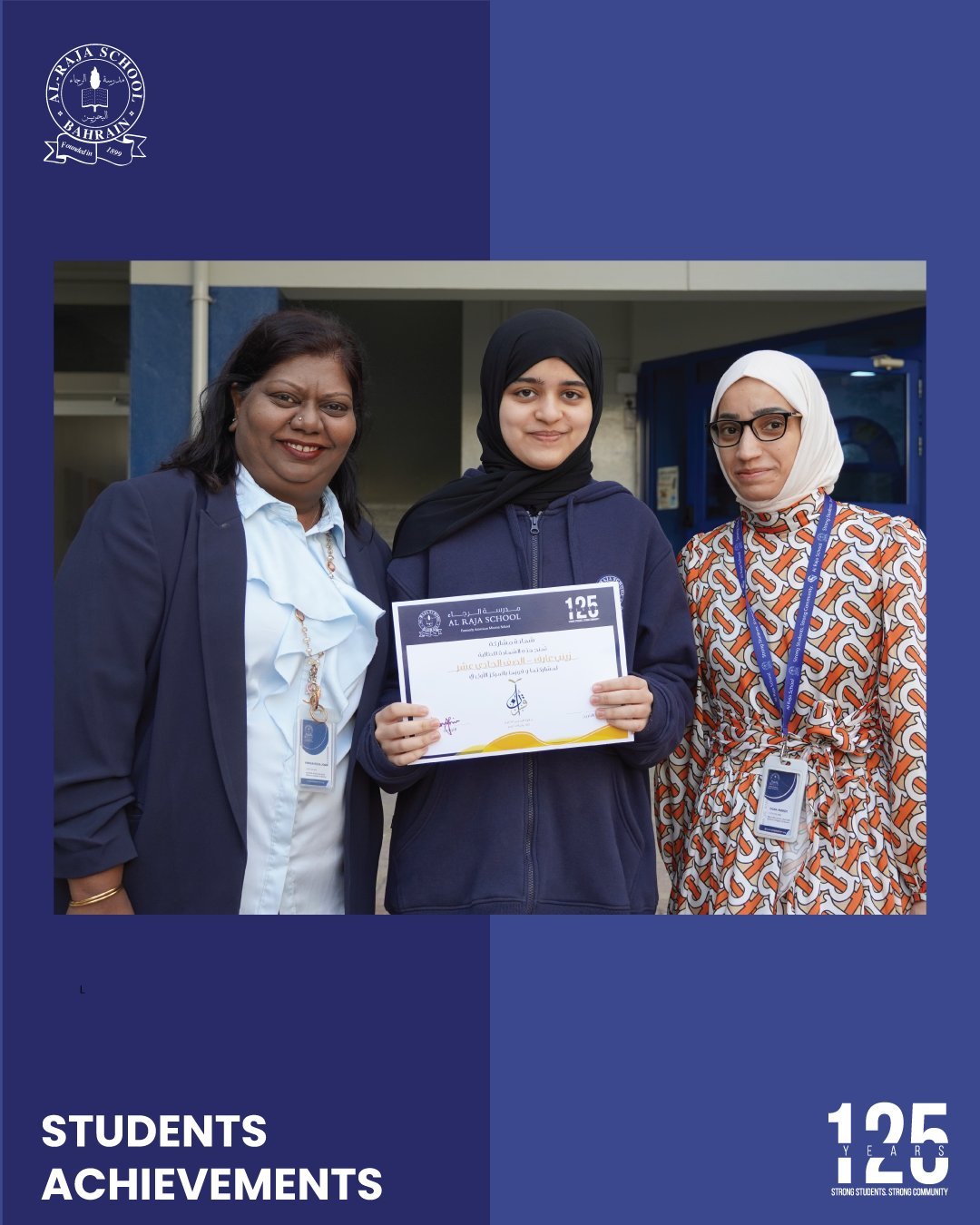 Congratulations to our student Zainab Aaref for winning first place in the Bahrain Grand Quran Competition, organized by the Ministry of Justice. Your dedication, perseverance, and beautiful recitation have made us incredibly proud.

 #125yearsofalra