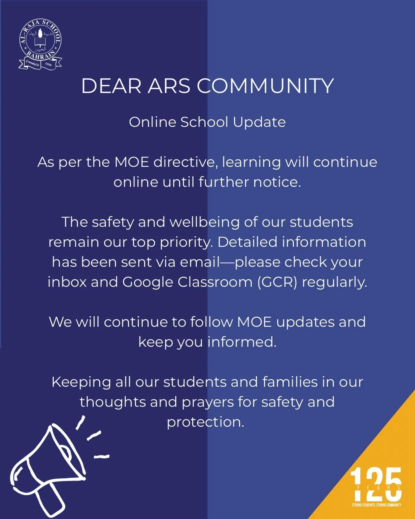 Dear ARS Community, 
Online School Update

As per the MOE directive, learning will continue online until further notice.

The safety and wellbeing of our students remain our top priority. Detailed information has been sent via email&mdash;please chec