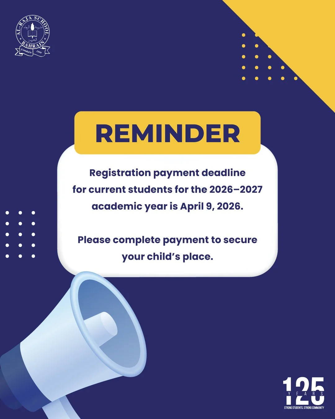 📢 Reminder for Current Students

The deadline for the 2026&ndash;2027 academic year registration payment is 9th April 2026.

Please note that registration payment can only be completed once all outstanding fees for the current academic year have bee
