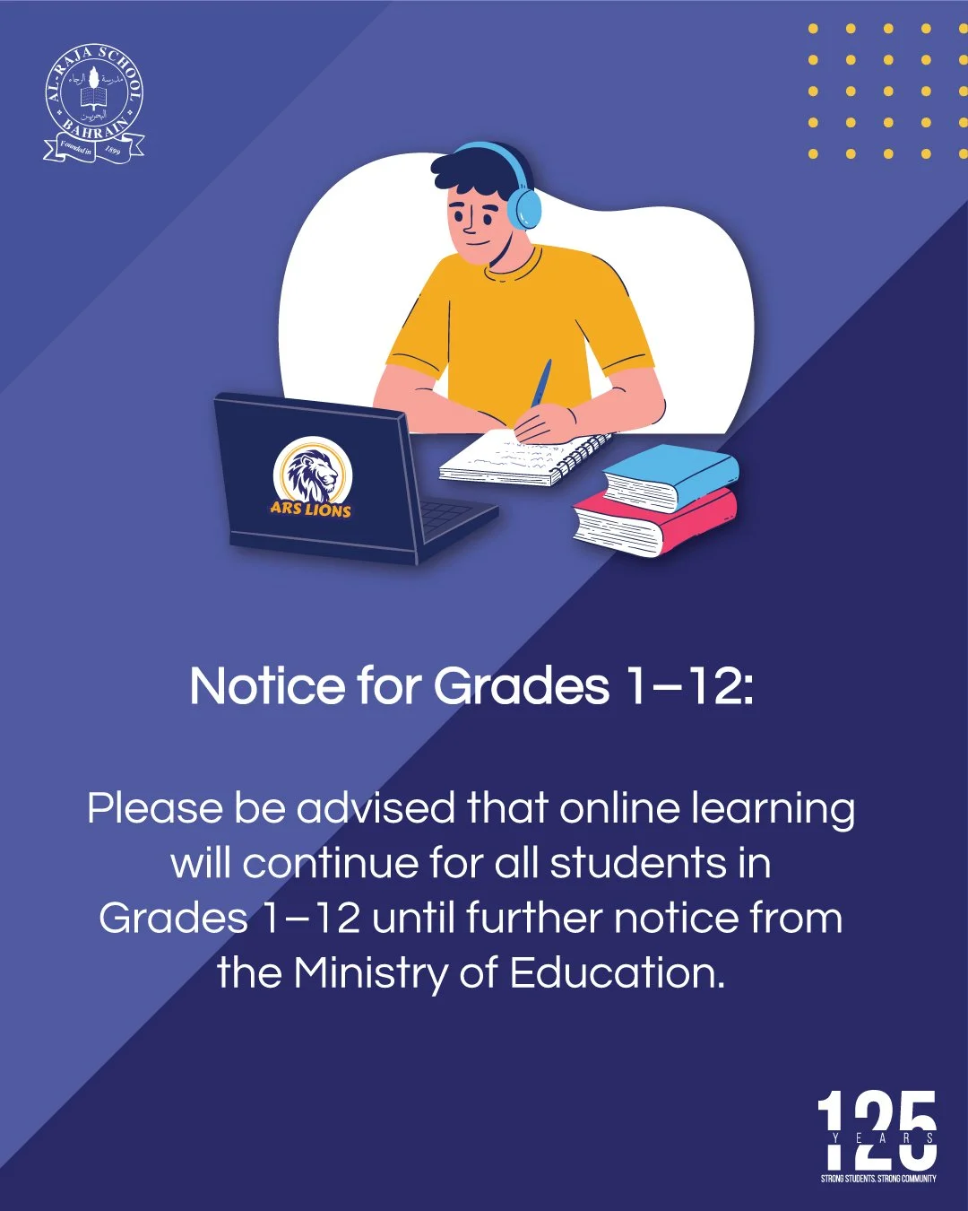 📌 Notice for Grades 1&ndash;12:

Please be advised that online learning will continue for all students in Grades 1&ndash;12. 🖥️📖 We are following the latest guidance from the Ministry of Education and will share any further updates regarding a ret