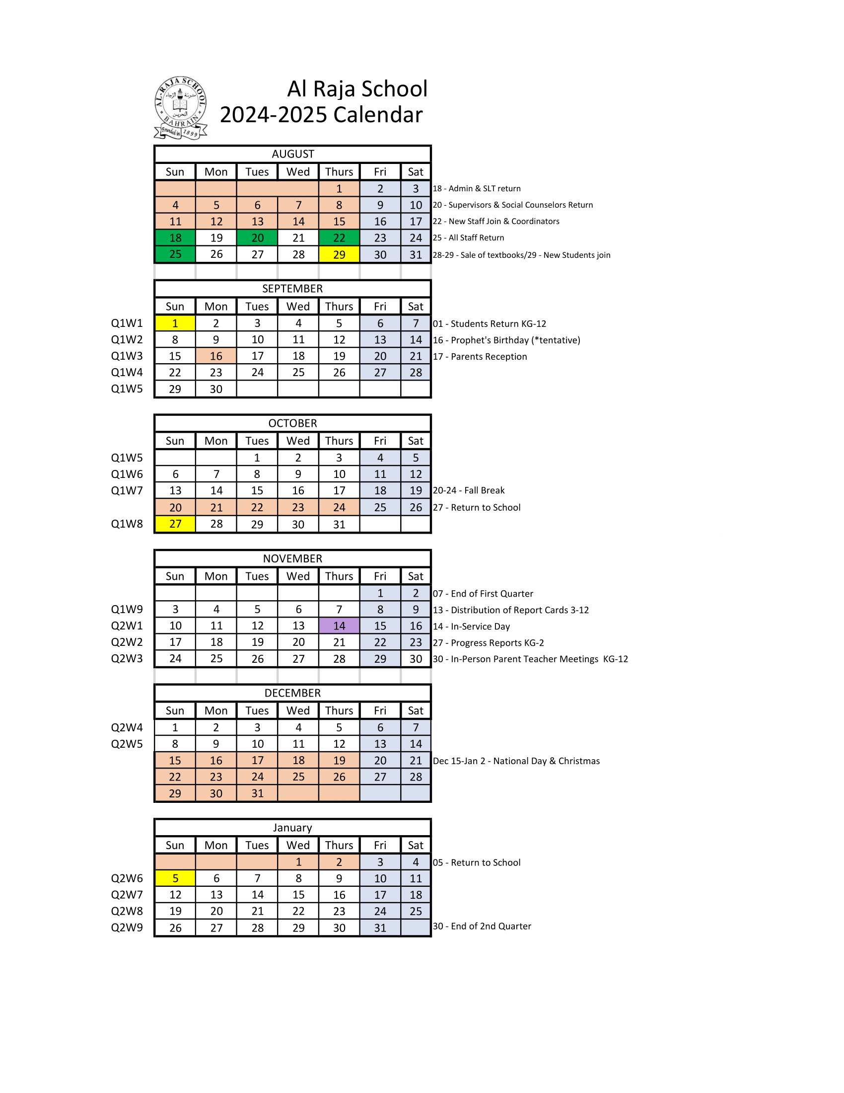 Calendar — AL RAJA SCHOOL BAHRAIN