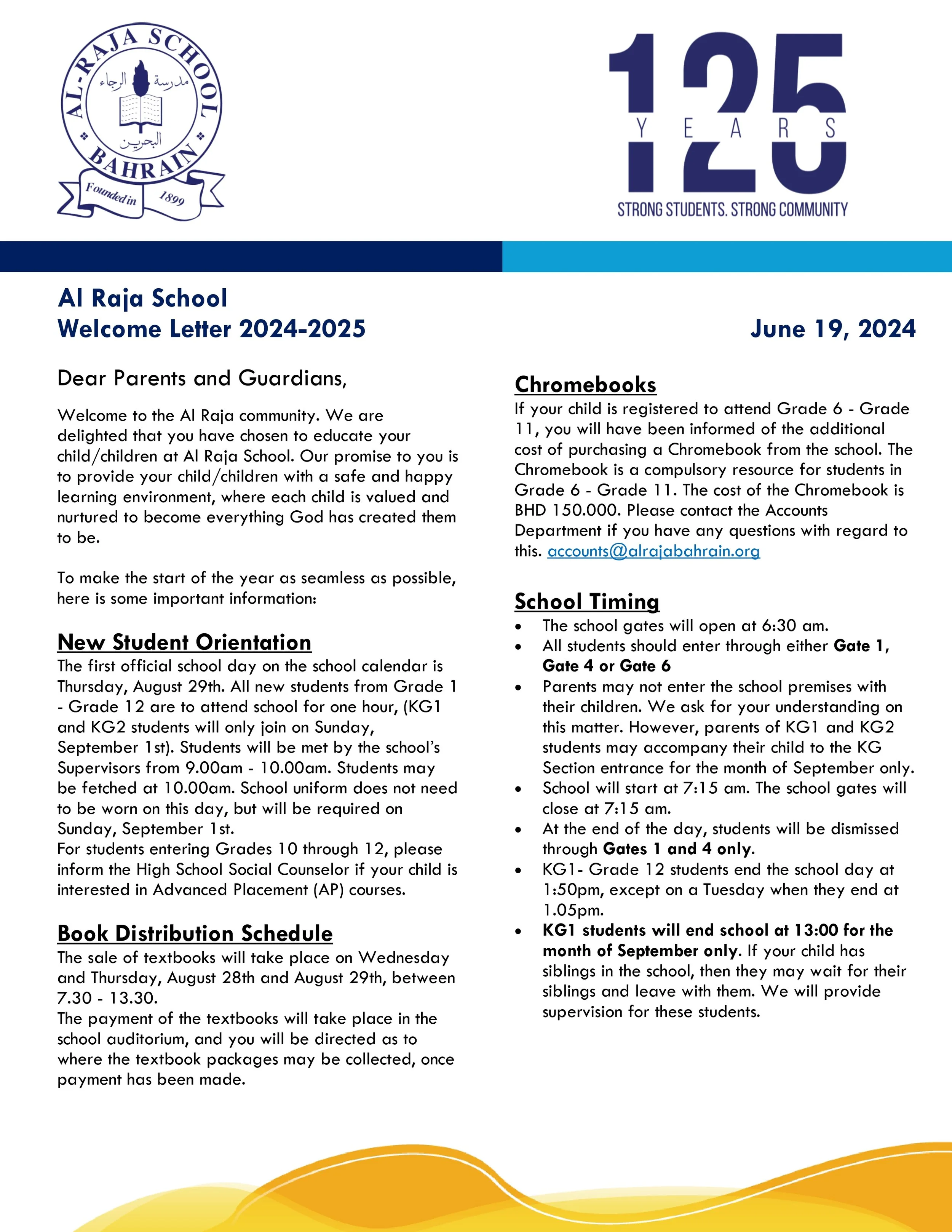 New Parents Welcome Letter — AL RAJA SCHOOL BAHRAIN