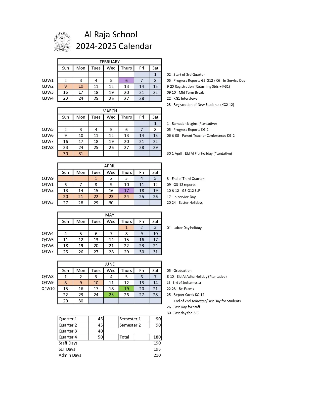Calendar — AL RAJA SCHOOL BAHRAIN