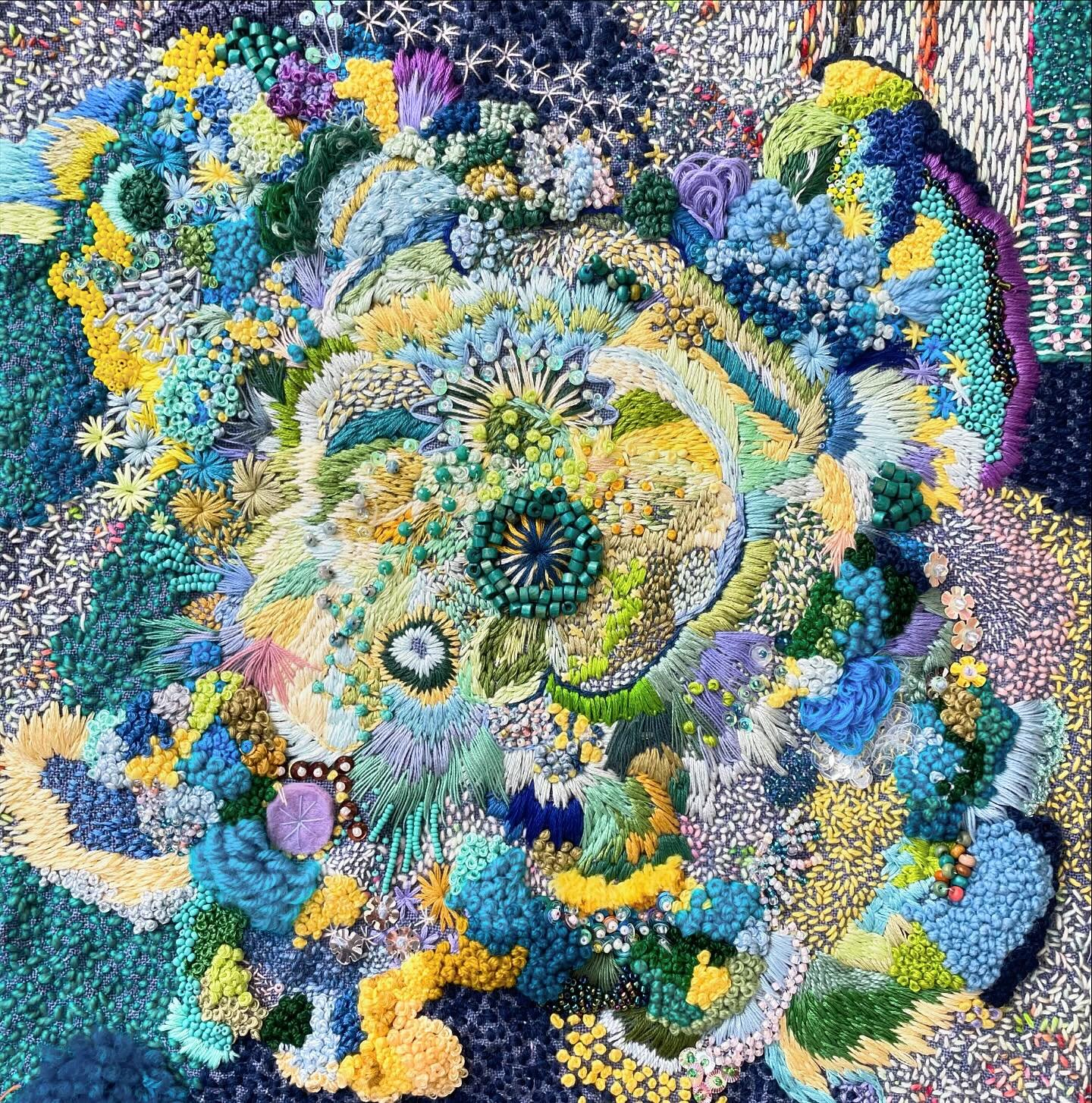 Another piece for our upcoming exhibition (with fellow stitch artist @alissa_cook_photoembroidery ). This one is titled &ldquo;Rockpool Pick and Mix&rdquo; and is approx 34 x 34cm (unframed so measurements will adjust accordingly). Which orientation 