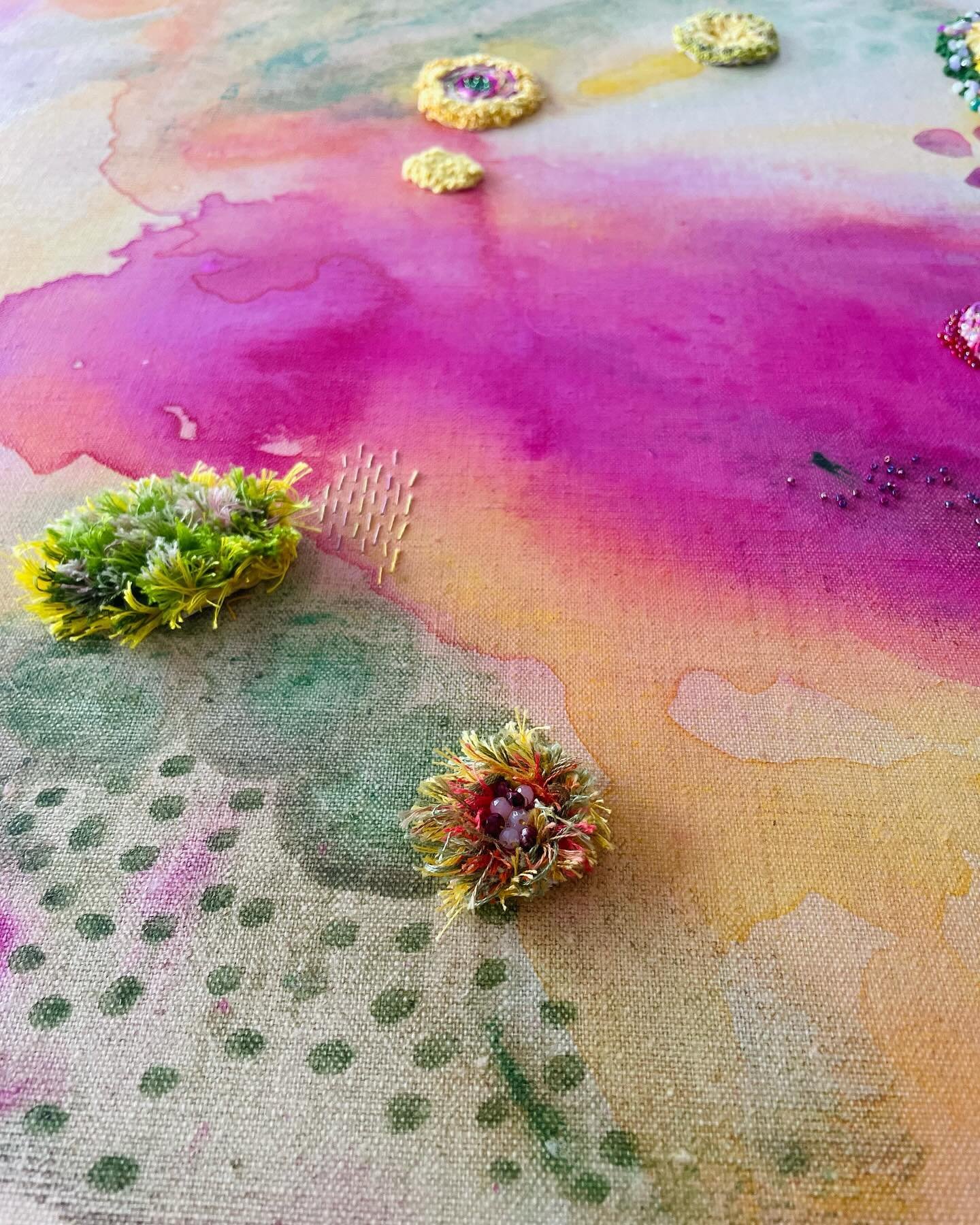 Washy layer upon layer of acrylic paint on Belgian linen canvas and then hand stitching and beading in textured elements in various threads and beads. This piece is still a WIP but it&rsquo;s already titled: &ldquo;Sherbert Shores&rdquo;.