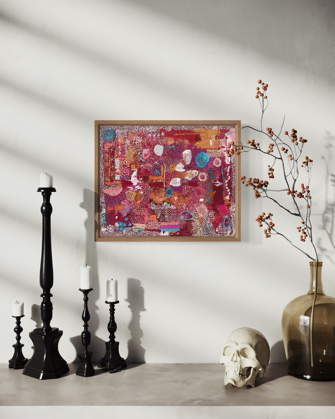 I simply begin, and as the work begins to grow, it informs me. My hands just know what to do. This abstract piece is titled &ldquo;Whispering Sands&rdquo; and started with a painted background which I then stitched and beaded into. It emerged from a 