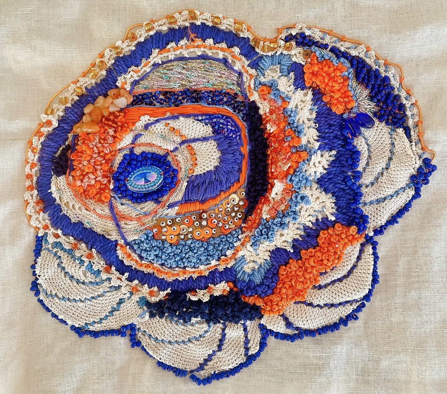 This piece contains elements of doilies I cut up. What do you think? 

#elizabethsullivanartist
#stitchedartwork 
#stitchpainting
#mixedmediastitchpainting
#mixedmediaartist
#threadpainting
#stitchedart
#stitchartist
#paintwiththread
#stitchedperspec