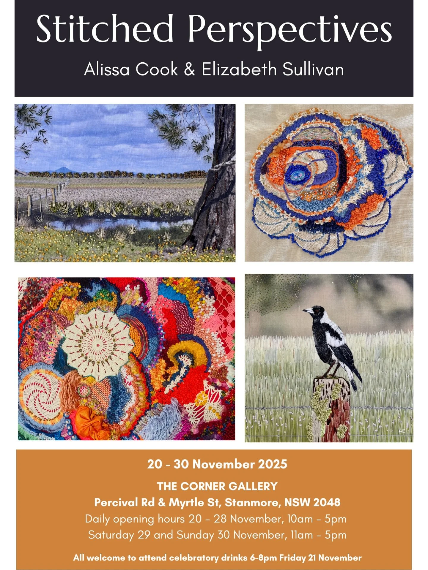Alissa and I are delighted to be exhibiting together again!  We bring you STITCHED PERSPECTIVES, at The Corner Gallery in Stanmore, opening on 20 November.

We are each showcasing a new body of work exploring new narratives through the art of stitch.