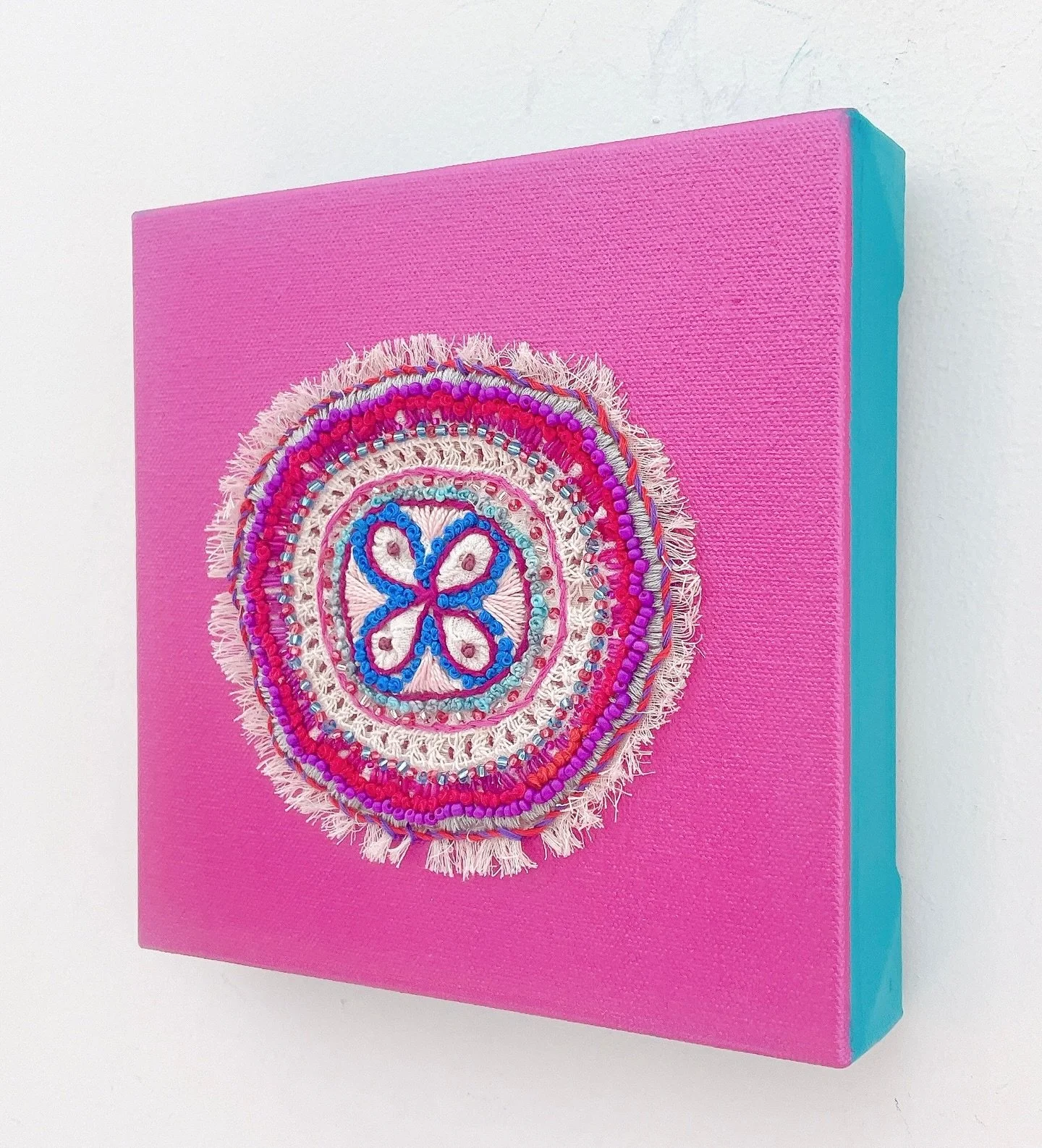 Mini&rsquo;s from my &ldquo;Stitched Perspectives&rdquo; body of work. 20x20cm stitched &amp; beaded doilies on acrylic painted canvas, unframed, ready to hang. 

#elizabethsullivanart 
#stitcheddoilies 
#stitchedperspectives 
#miniartworks